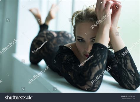 Sexy Blonde Black Lingerie Lying On Stock Photo 677142088 Shutterstock