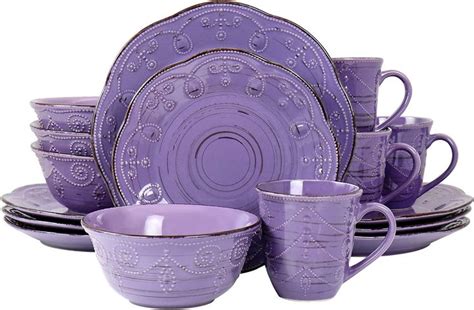 Elama Rustic Birch 16 Piece Stoneware Dinnerware Set In Purple El