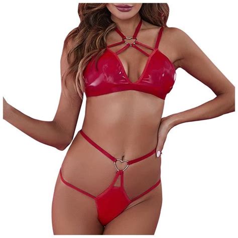 Ensemble Brassiere et String Tanga Pyjama en dentelle Satin Lingerie Femme Sous vêtements nuit