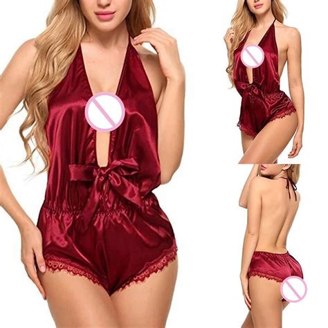 Sexy Lingerie Halter Sleepwear Bow V Neck Women Erotic Nightgown Lace Sleepwear Babydolls