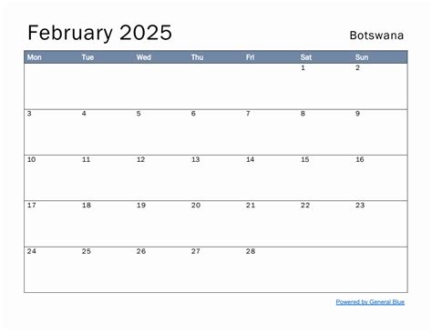 Free Monthly Calendar Template for February 2025 with Botswana Holidays