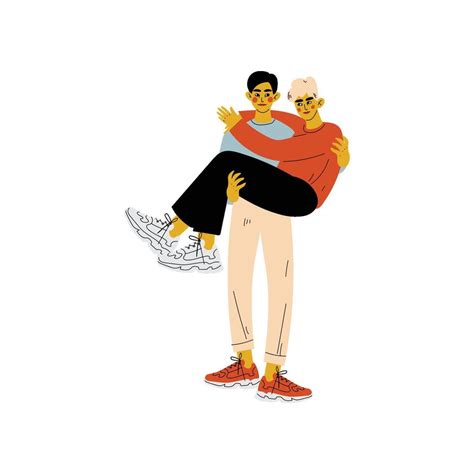 Happy Gay Male Couple Man Holding His Lover In His Hands Romantic Homosexual Relationship