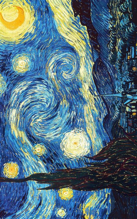 The Starry Night Painting With Trees And Buildings In The Background