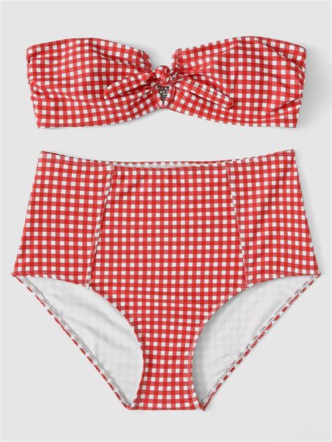 Red Gingham Swimsuit Knot Front Bandeau Top High Waist Bikini Bottom