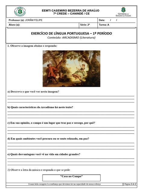 Arcadismo Questões - ARCADISMO Questões Subjetivas | PDF