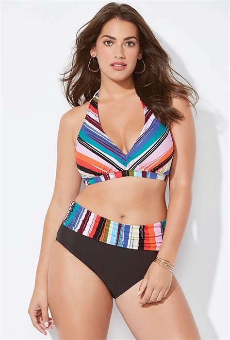 Plus Size Diva Technicolor Halter Bikini With Foldover Brief