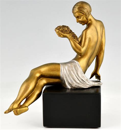 Art Deco Bronze Sculpture Seated Nude With Flowers Deconamic
