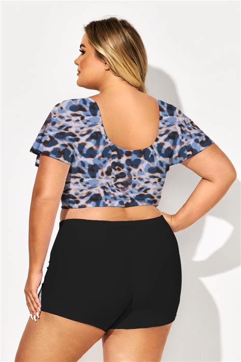 Floral Print V Neck Flutter Sleeve Bikini Top Meet Curve Meet Curve