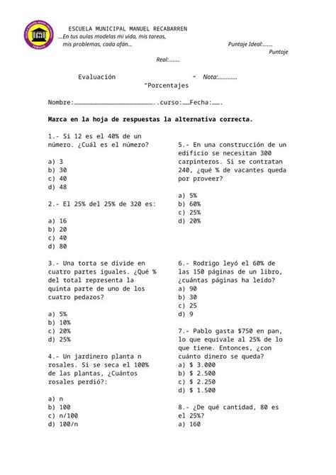 Doc Prueba Porcentajes Sexto Basico Dokumen Tips