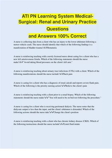 Rn Learning System Medical-surgical: Renal And Urinary Practice Quiz