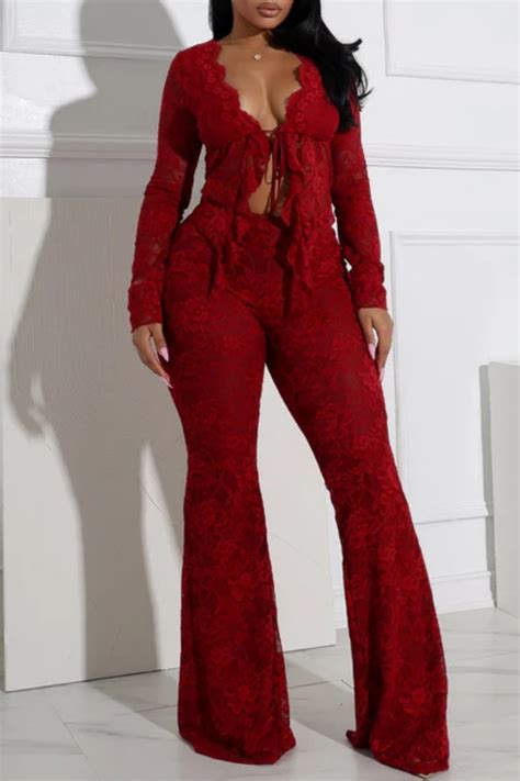 Wholesale Red Sexy Hot Solid Color Lace Belted Long Sleeve Two Pieces WS130197 1
