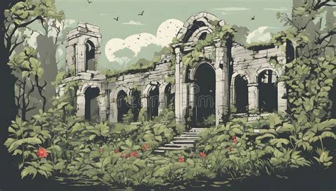 ancient ruins overgrown  lush forest vegetation stock illustration