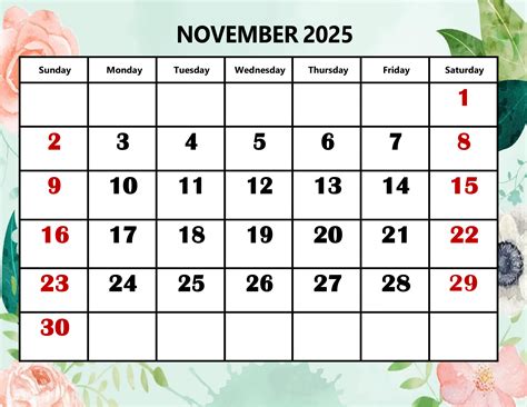 November 2025 Calendar Printable PDF Template with Holidays