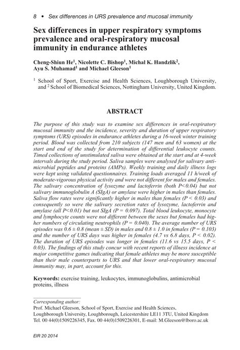 PDF Sex Differences In Upper Respiratory Symptoms Prevalence And Oral Respiratory Mucosal