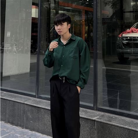 Mua Áo sơ mi nam form rộng Hàn Quốc màu xanh lá hot trend Vettino sơ mi nam nữ unisex dài tay