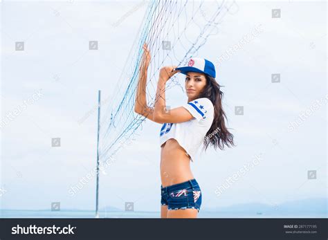 Sports Sexy Brunette Denim Shorts Short Stock Photo Shutterstock