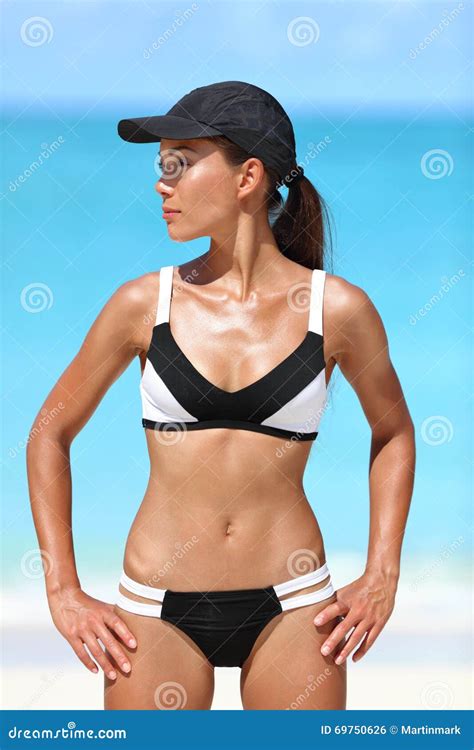 Sporty Bikini Fitness Tanned Body Woman On Beach Stock Photo Image Of