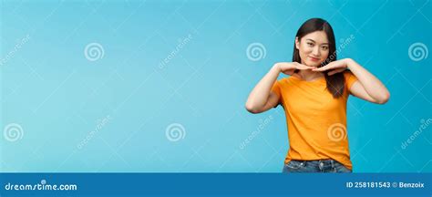 Sweet Lovely Tender Asian Girl Brunette Tilt Head Smiling Show Clean Pure Face Hold Palms Under