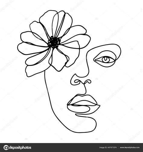 Continuous Line Drawing Abstract Woman Portrait With Flower One Line