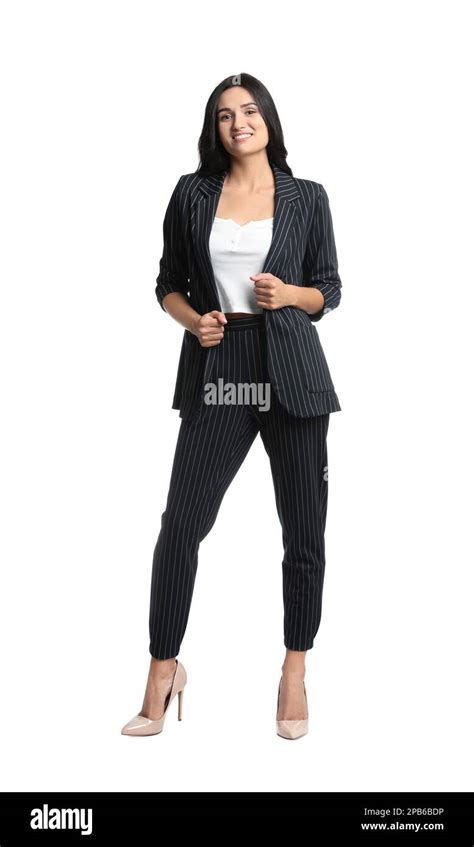full length portrait  beautiful woman  formal suit  white