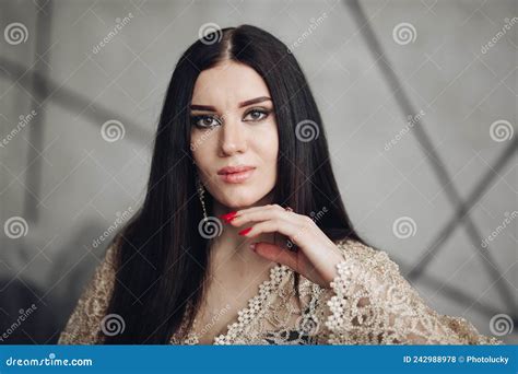 Gorgeous Brunette In Laced Dress With Make Up Stock Photo Image Of Lace Nail