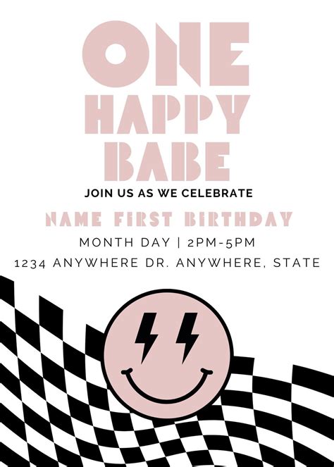 One Happy Babe First Birthday Invitation First Birthday Checkered Theme Customizable