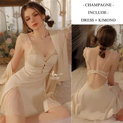 Jual Luckymm Sexy Lingerie Dress Babydoll Wanita Baju Tidur Dress Satin Cup Bra Sleepwear