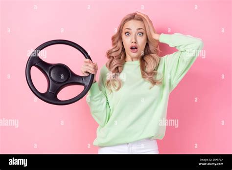 Photo Of Crazy Shock Confused Girl Blonde Curls Hand Head Wear Green Jumper Omg Car Accident