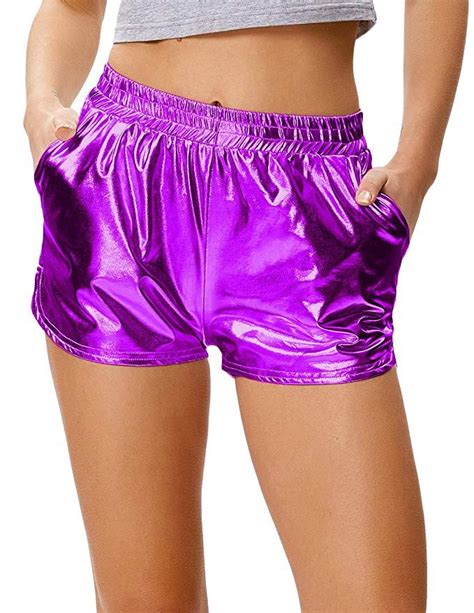 Kate Kasin Women S Elastic Waist Metallic Shorts Shiny Rave Pants Sparkly Yoga Hot Shorts
