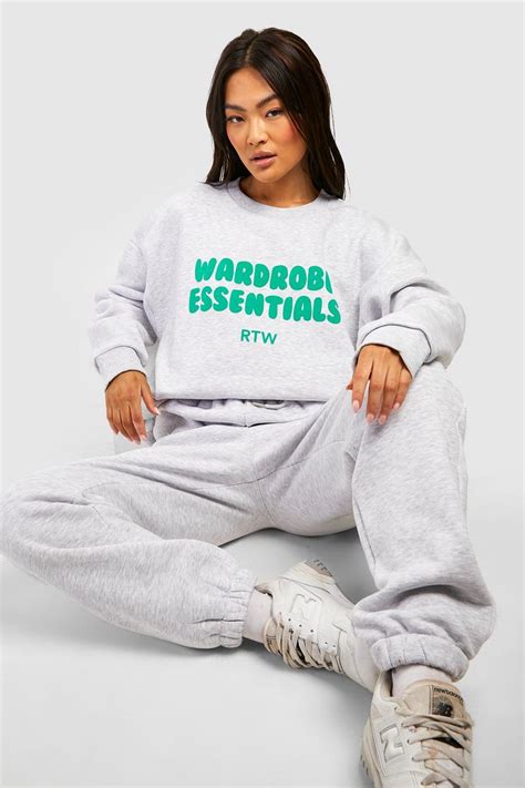 Wardrobe Essentials Slogan Sweater Tracksuit Boohoo Uk