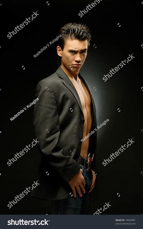 Man Jacket Naked Torso Standing Sideways Stock Photo Shutterstock