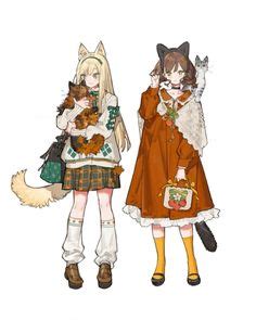 Two Anime Girls With Cats On Their Backs And One Is Holding A Cat S Tail