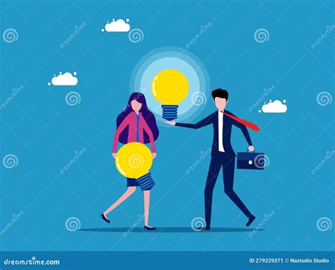 Discover Innovation and Knowledge. Two Businessmen Holding Light Bulbs ...