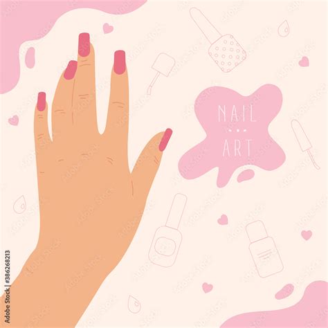 Hand Drawn Abstract Background For Nail Studio Or Spa Salon Beautiful Woman Hand With Nude Nail