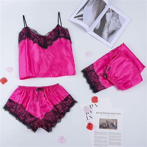 Poteti Satin Silk Sex Lingerie For Women Hot Pink Lace Underwear Cami And Shorts Walmart