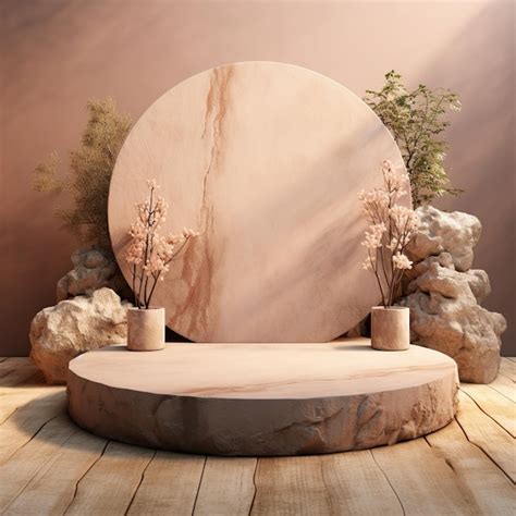 Premium AI Image 3d Render Exotic Stone Podium With Dried Leaves In Nude Color For Product Display