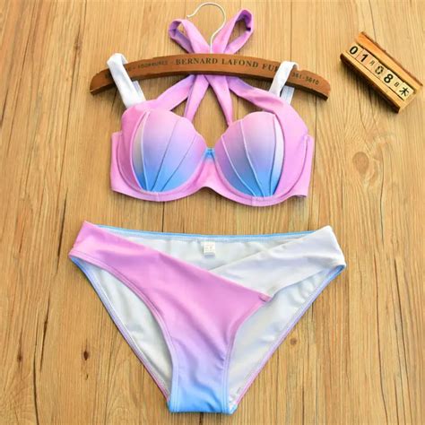 Bikini Sets 2017 Conchas diseño rosa gradiente biquini push up strappy