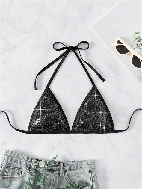Shein Swim Y Glam Sequin Halter Triangle Bikini Top For Sale Australia New Collection Online
