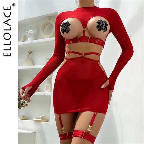 Ellolace Oco Lingerie De Manga Longa Superior Feminino Roupa Interior Liga G String Tangas Nu E
