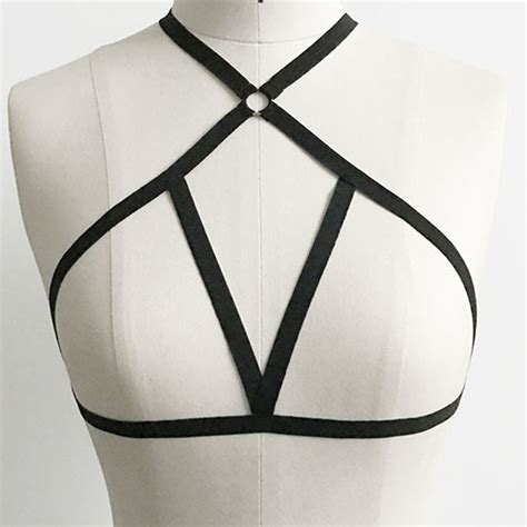 Sexy Black Halter Strappy Elastic Bandage Cupless Bra Top Hollow Out Lingerie N