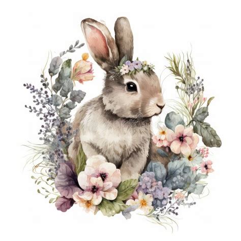 Cute Baby Bunnies Floral Spring Flowers Illustration Clipart