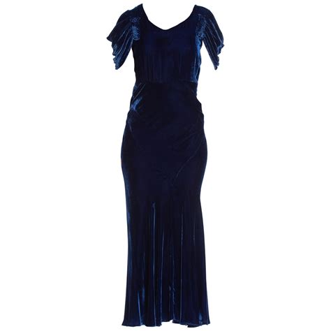 1930S Sapphire Blue Bias Cut Silk Velvet Draped Cap Sleeve Gown For