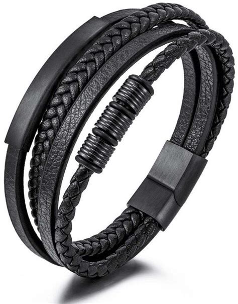 Dubbel Gevlochten Leren Armband Met Zwarte Accenten Zwart Armbanden