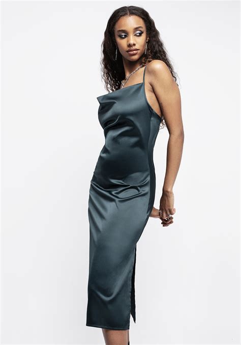 Disturbia Medeina Cowl Neck Satin Midi Slip Dress Green Dresses