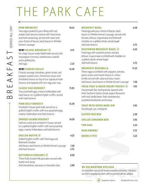 Park Cafe menu in Winnipeg, Manitoba, Canada