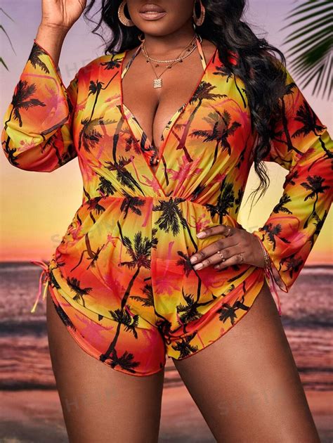 Shein Vcay Summer Beach Plus Size Palm Tree Print Halter Triangle Bikini Set With Cover Up