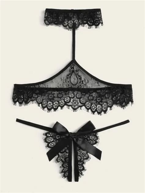 Sexy Lace Two Piece Halter Lingerie Women S Hot Erotic See Through Bow Open Crotch Underwear