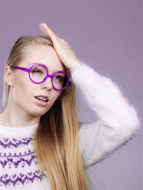 Nerd Blonde Woman Holding Hand On Forehead Stock Image Image Of Solitude Stupid