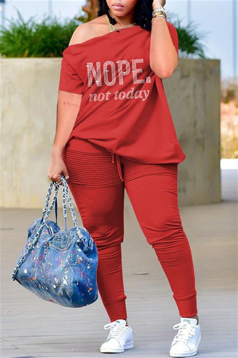 Wholesale Casual Letter Hot Drilling Patchwork Buckle Oblique Collar Plus Size Two Pieces K