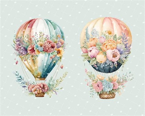 Watercolor Hot Air Balloon Clipart Png With Floral And Travel Etsy